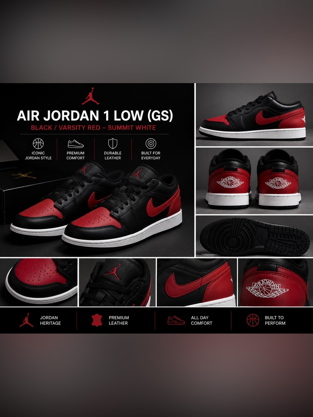 Jordan 1 Low GS - Black & Varsity Red
